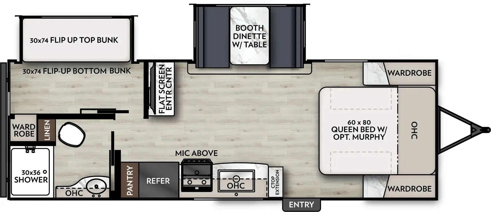 The Apex Ultra-Lite 241BHS floorplan has one entry and two slide outs. Exterior features include: fiberglass exterior. Interiors features include: bunk beds, front bedroom and murphy bed.